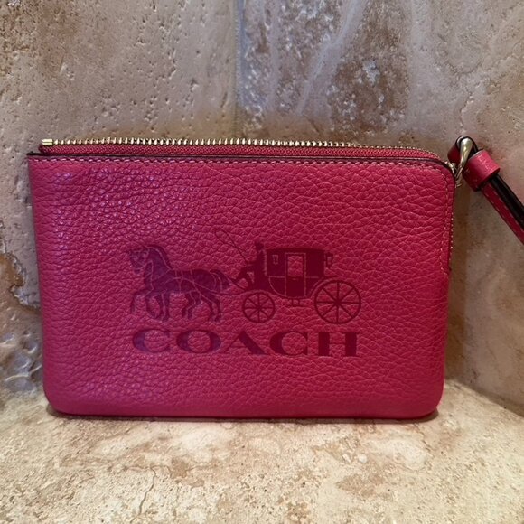 Coach Corner Zip Horse & Carriage Leather Wristlet - "Strawberry Haze" (C7420) - Picture 1 of 6